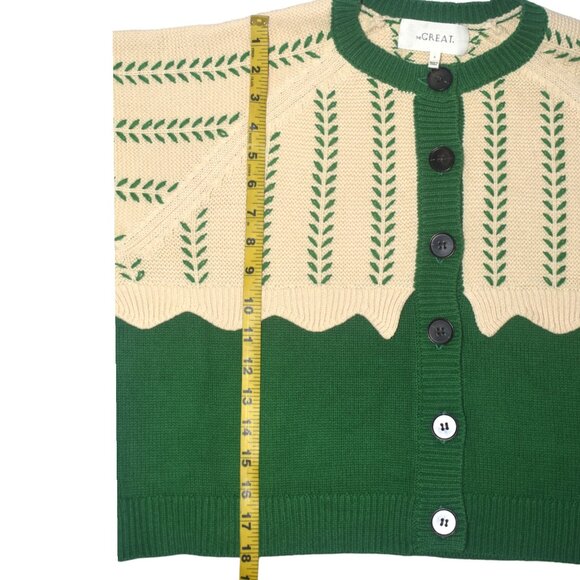 The GREAT. Scallop Sophomore Cardigan Sweater Green Cream Balloon Sleeves 2 M - Picture 9 of 10